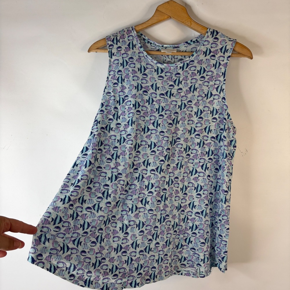 J. Jill Tank Top Women Medium Blue Tropical Fish Print 100% Linen Sleeveless - Picture 4 of 8